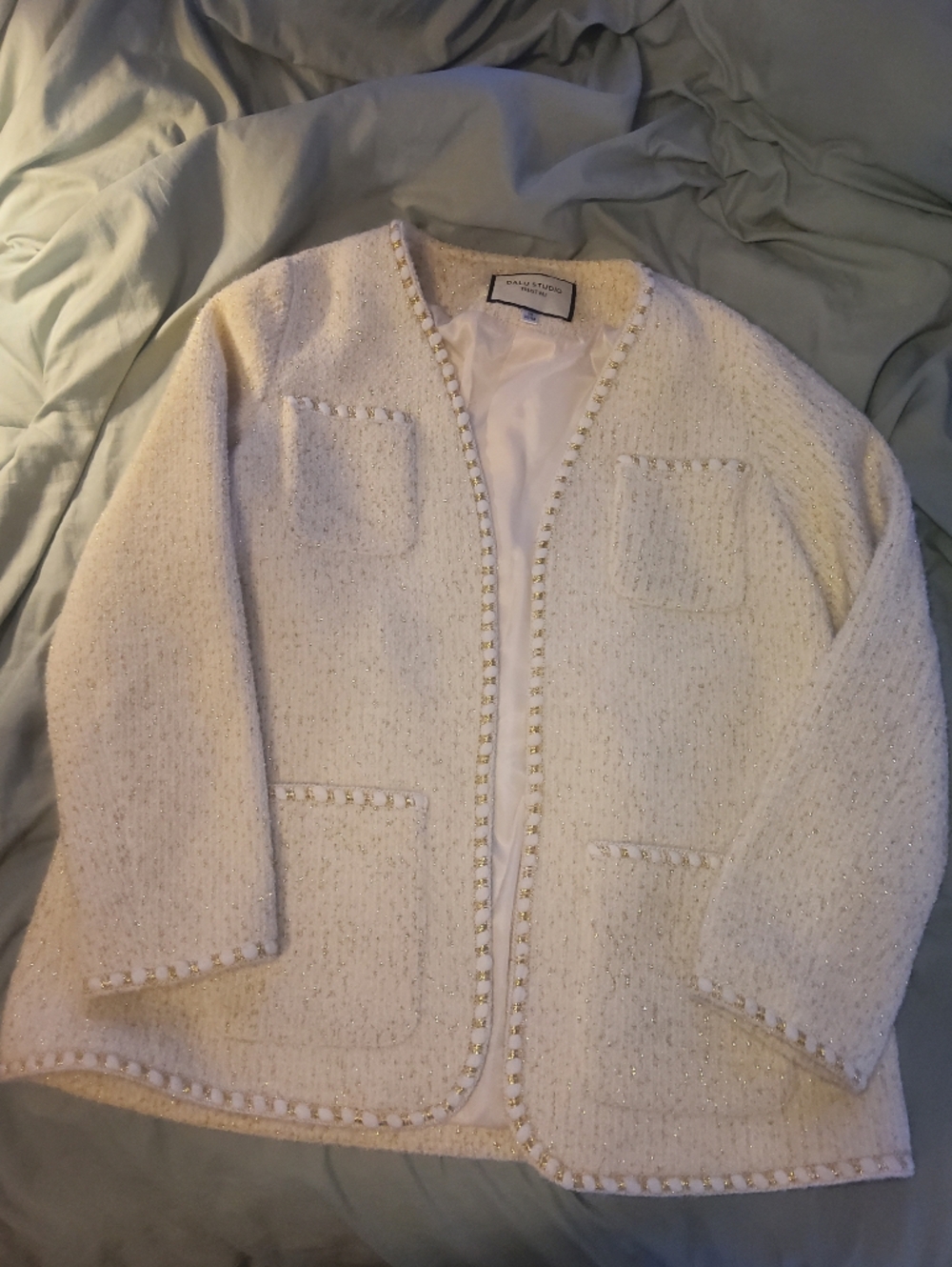 Dalu Studio Chanel Style Ivory Boucle Open Jacket With Gold Accents, Sz XS